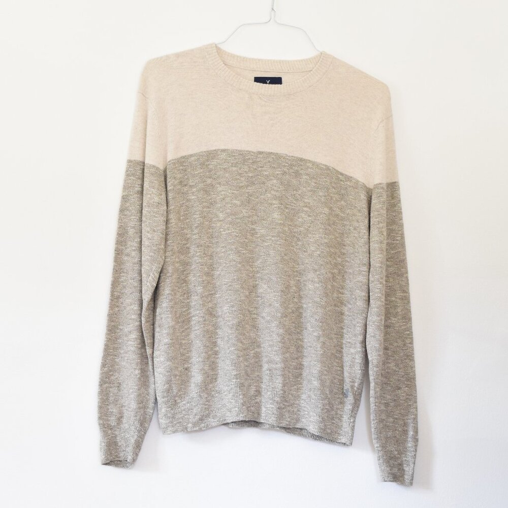 AMERICAN EAGLE Grey & Cream Colorblock Crew Neck Knit Sweater | Size L